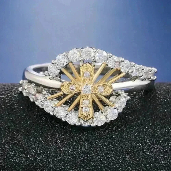 New 14k Gold Over Sterling Silver Diamond Cross Ring - Picture 1 of 5